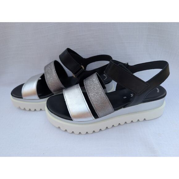 Gabor Women's Chunky Platform Sandals Sz 8.5 Silver Black Crossover Wedge - Picture 6 of 8